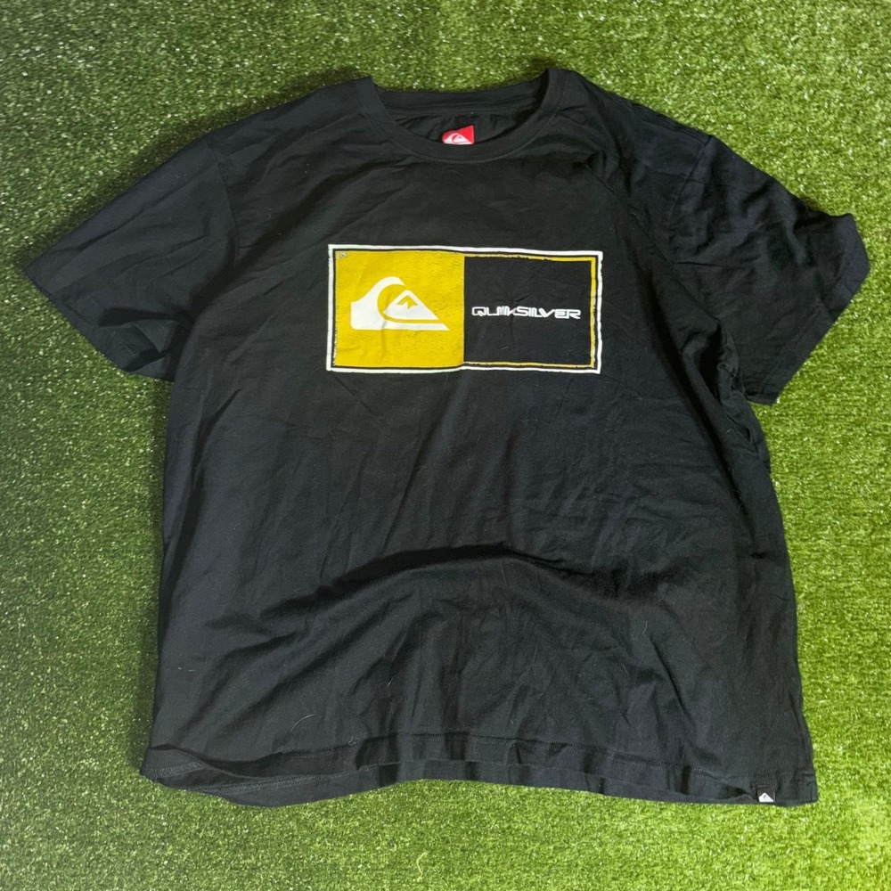 Quiksilver Mens XXL Black Short Sleeve Graphic Logo T-Shirt Yellow Box Logo